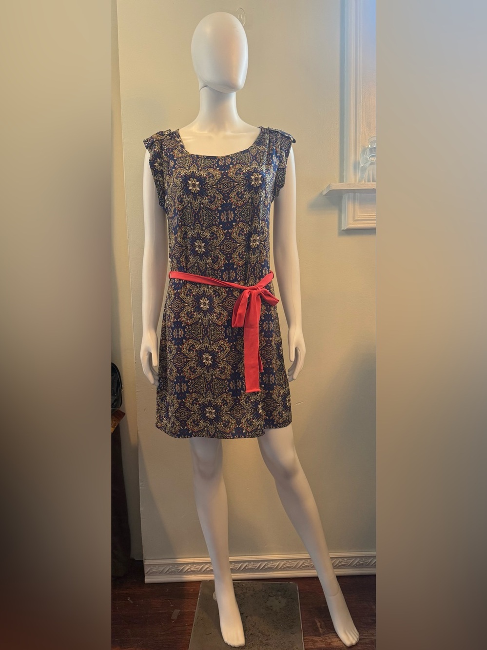 ezra Navy Blue Printed Mini Dress with Red Belt